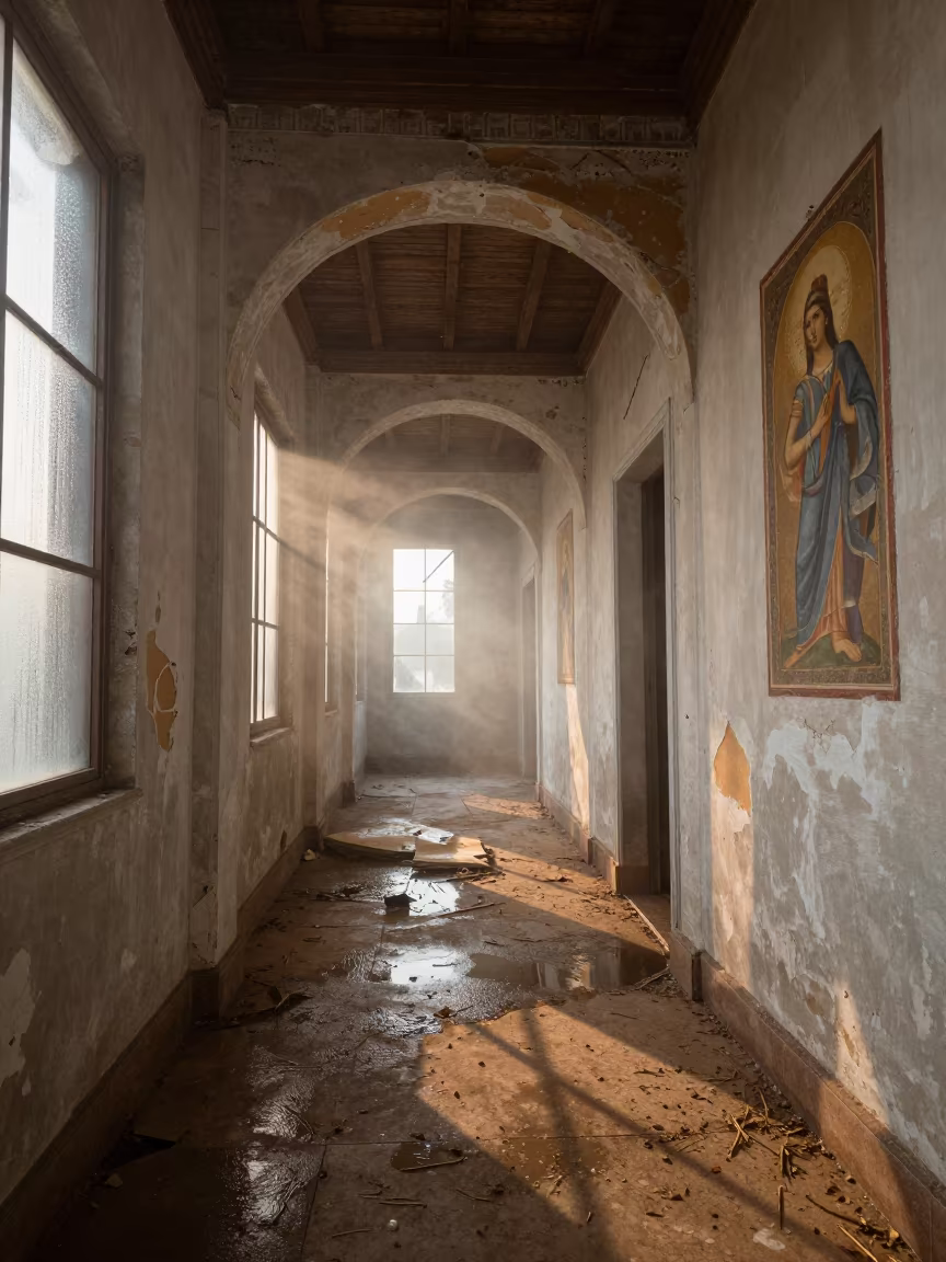 Dawn Light in Crumbling Brasilia Chapel Corridor in along a derelict corridor with peeled paint and pooled water near Brasilia