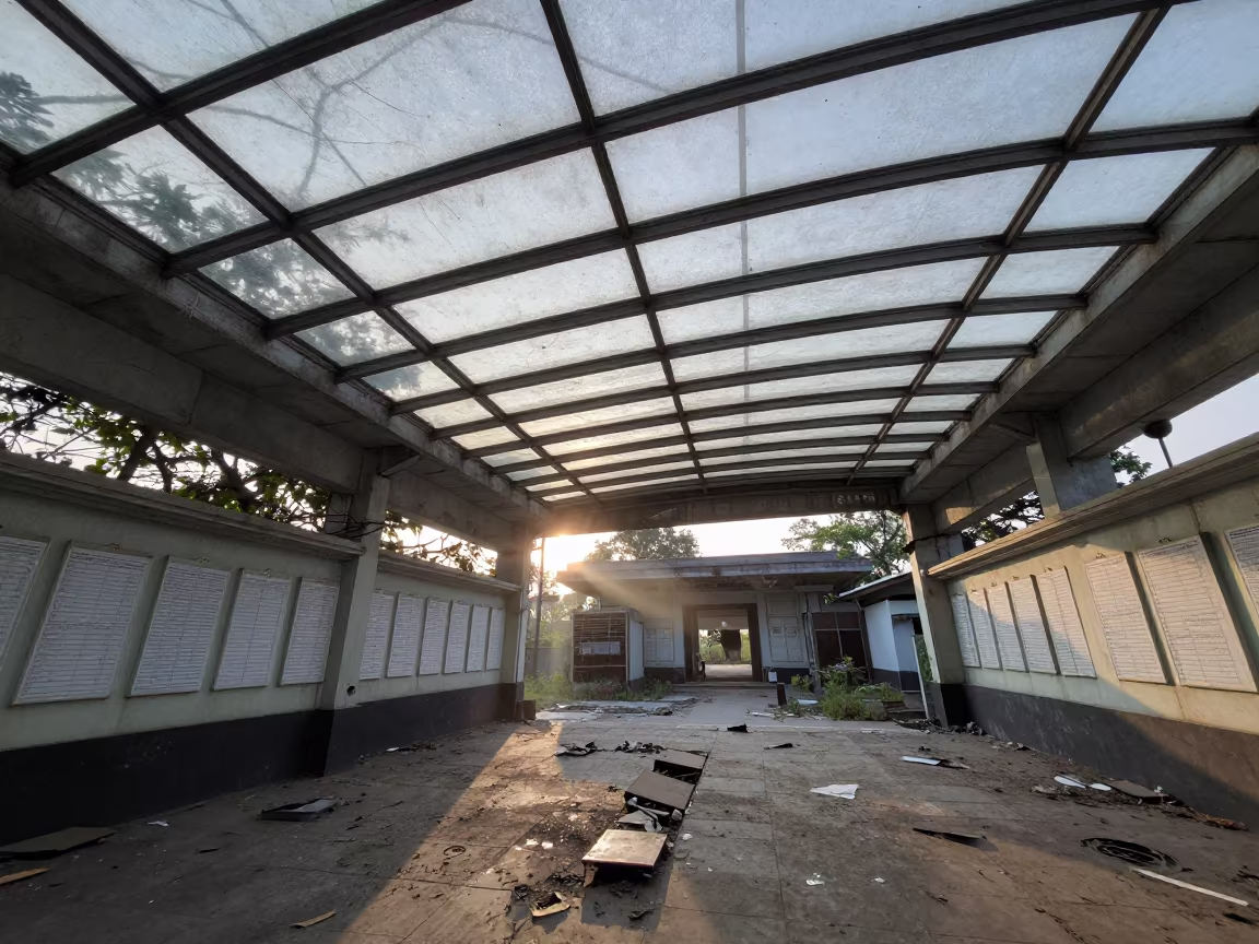 Dawn Light Through Derelict Station Canopy in Uttar Pradesh in through an abandoned ceremonial court in Uttar Pradesh