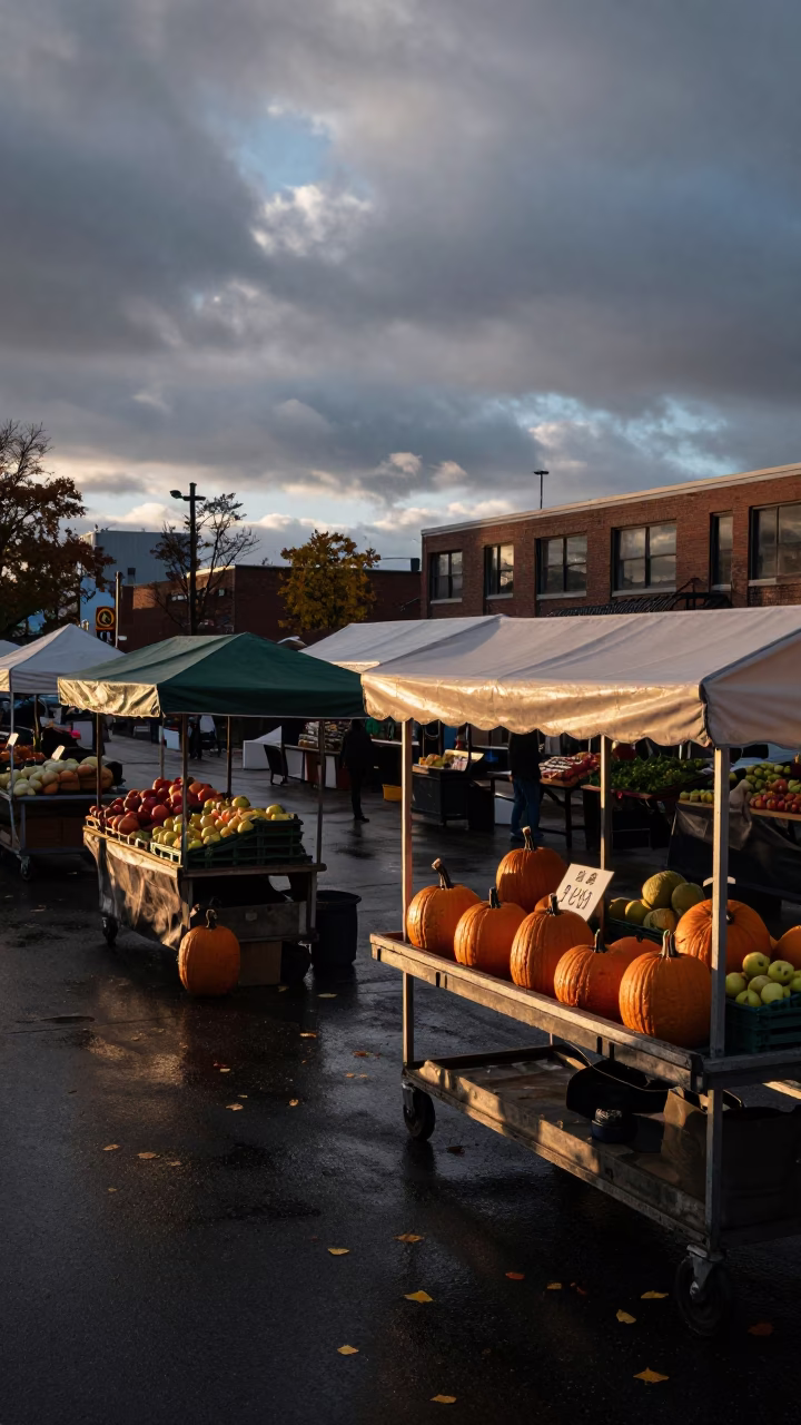 Dawn Light on Des Moines Market Stalls in at a market stall in Des Moines