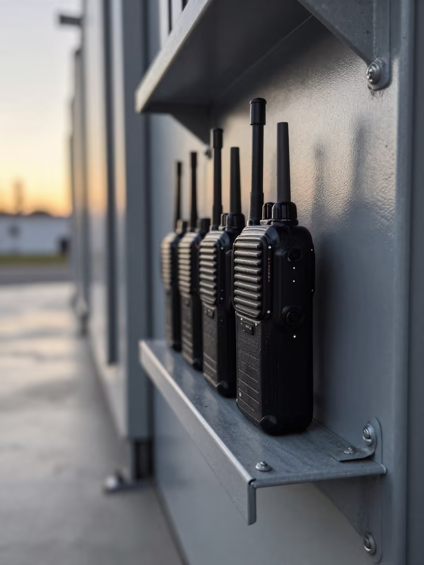 Dawn Light on Dispatch Radio Charging Shelf in inside a chilled distribution bay near Newcastle