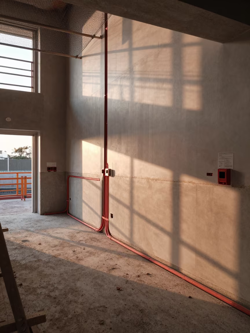 Dawn Light on Electrical Rough-In Wall Okayama in inside a half-built lobby in Okayama