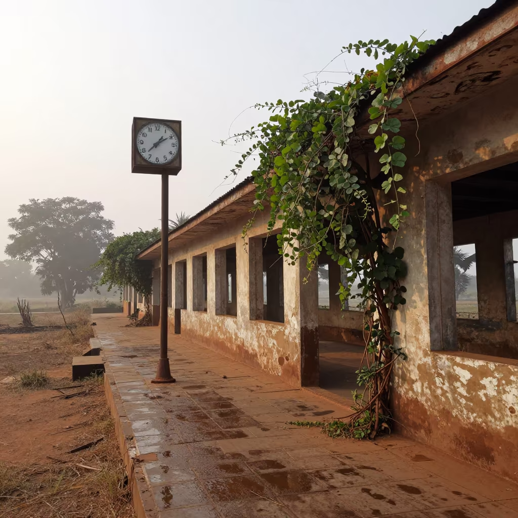 Dawn Light on Enugu Depot Clock Ruin in along a vine-choked corridor near Enugu