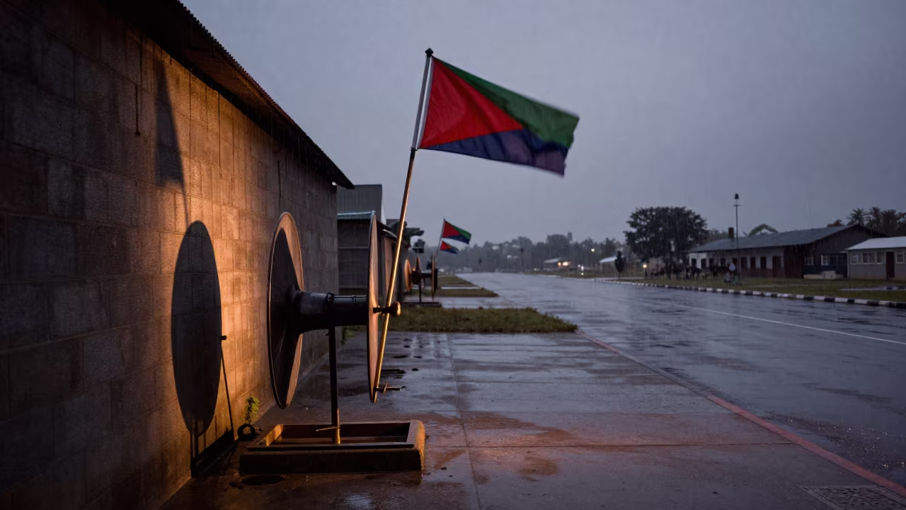 Dawn Light on Eritrean Range Wind Flag Spool in along an airbase flight line in Eritrea