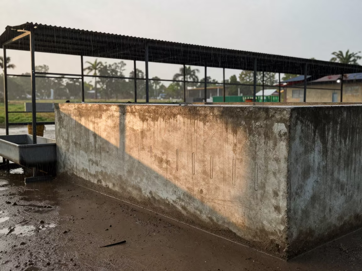 Dawn Light on Feed Bin Wall with Rain in near a windbreak and water trough in Venezuela