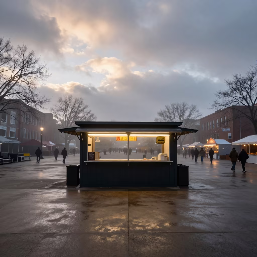 Dawn Light on Festival Food Token Booth in at a public square during a festival in Providence