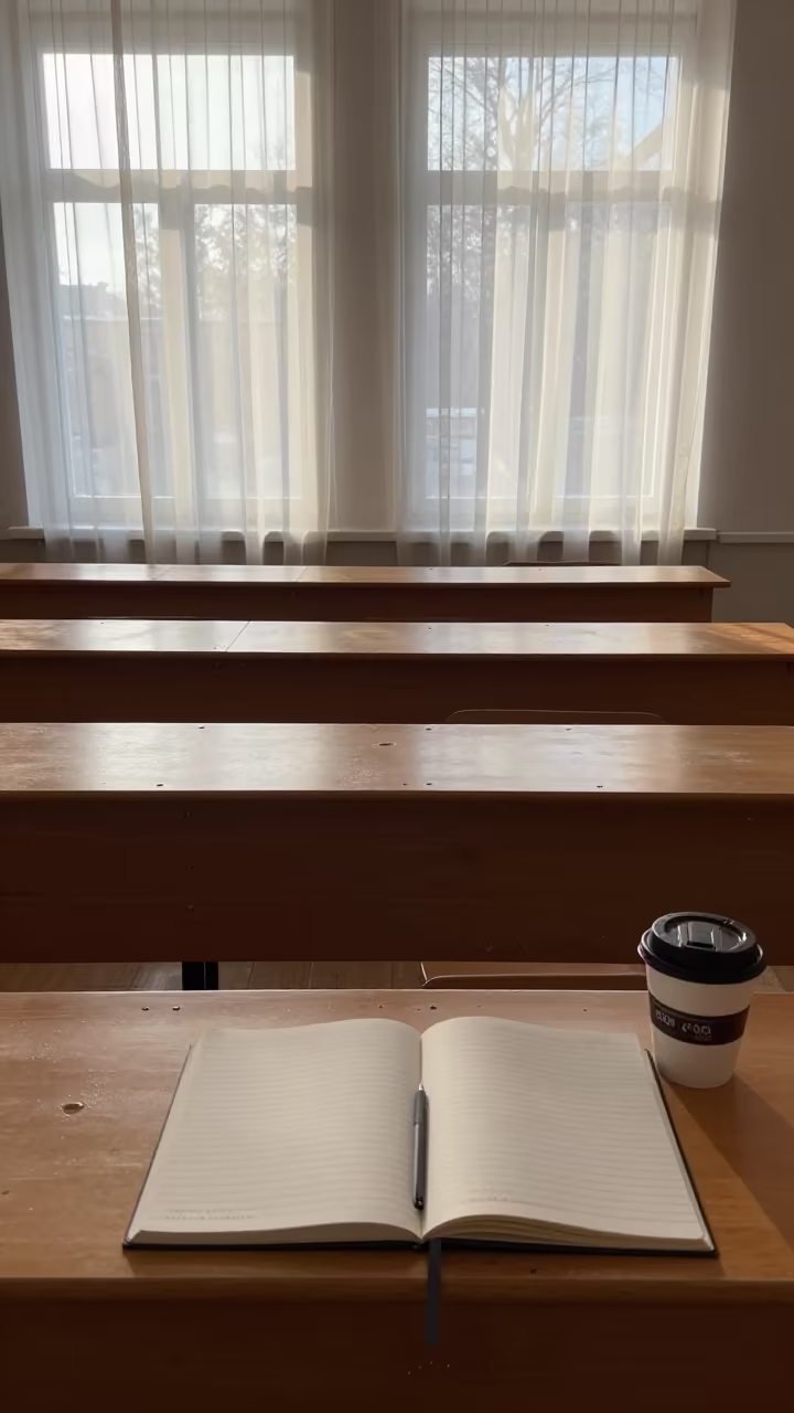 Dawn light fills empty art classroom lecture hall in inside an art classroom near Olomouc