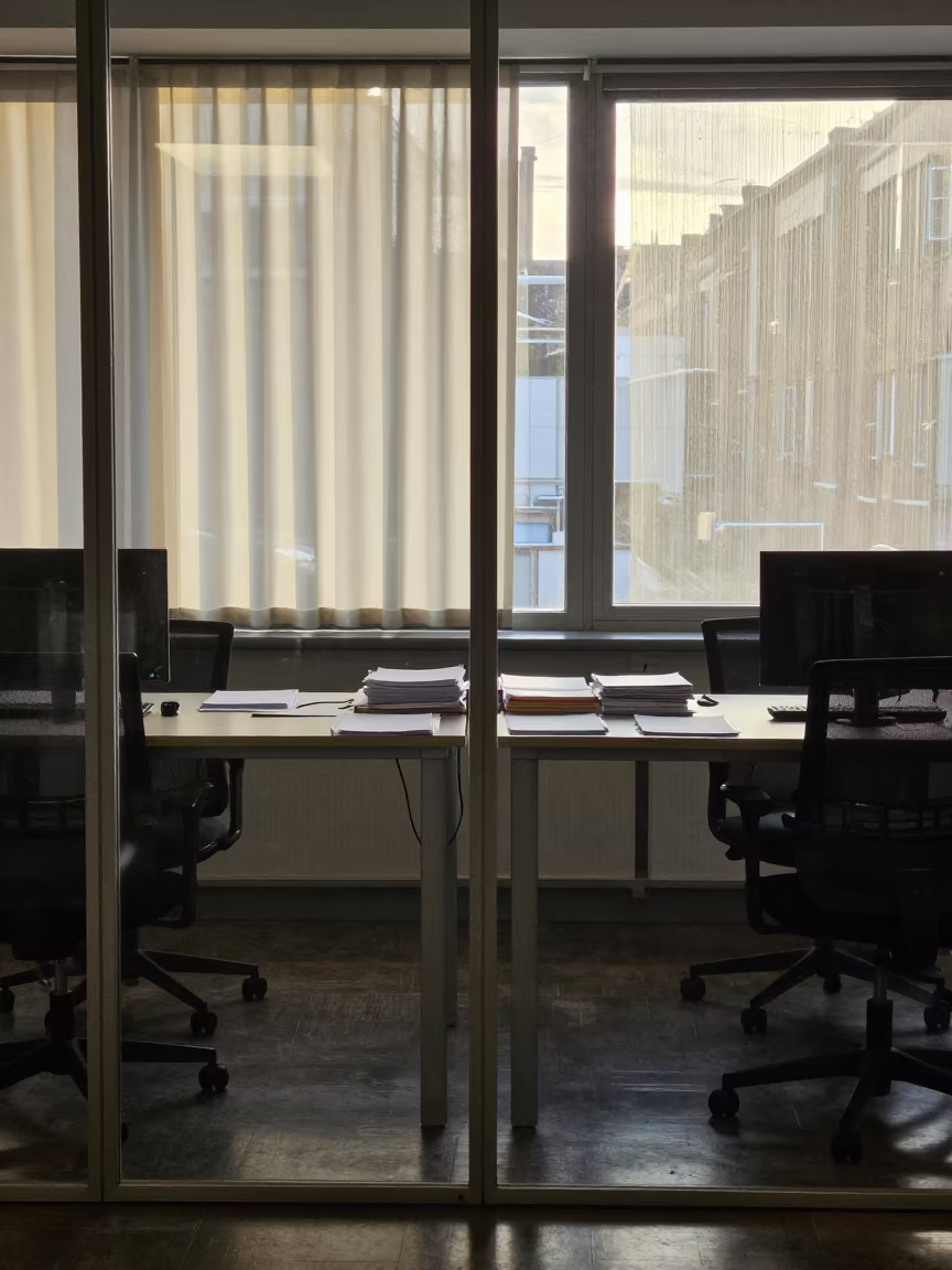 Dawn light on Glasgow coworking accounting desk in inside a coworking floor near Glasgow