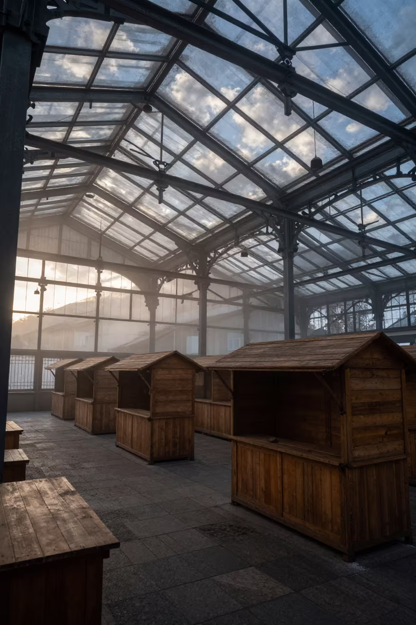 Dawn Light Through Glass Roof in Banja Luka Market in inside a glass-roofed arcade in Banja Luka