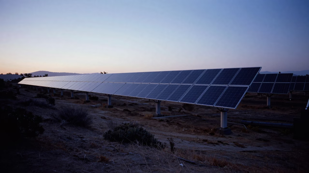 Dawn Light Glints Off Solar Arrays in San Diego Scrub Landscape Before Sunrise in in San Diego, California, United States