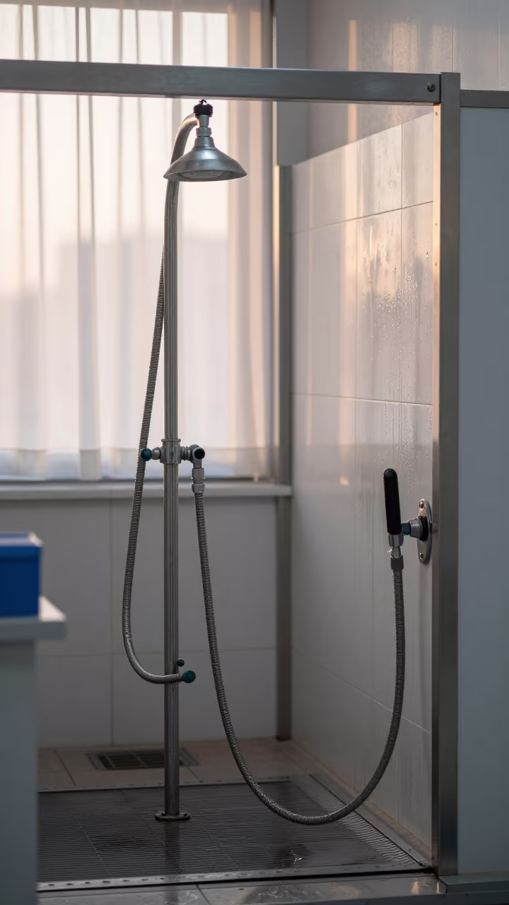 Dawn light on grooming dryer hose rack in at a self-serve dog wash station near Astana