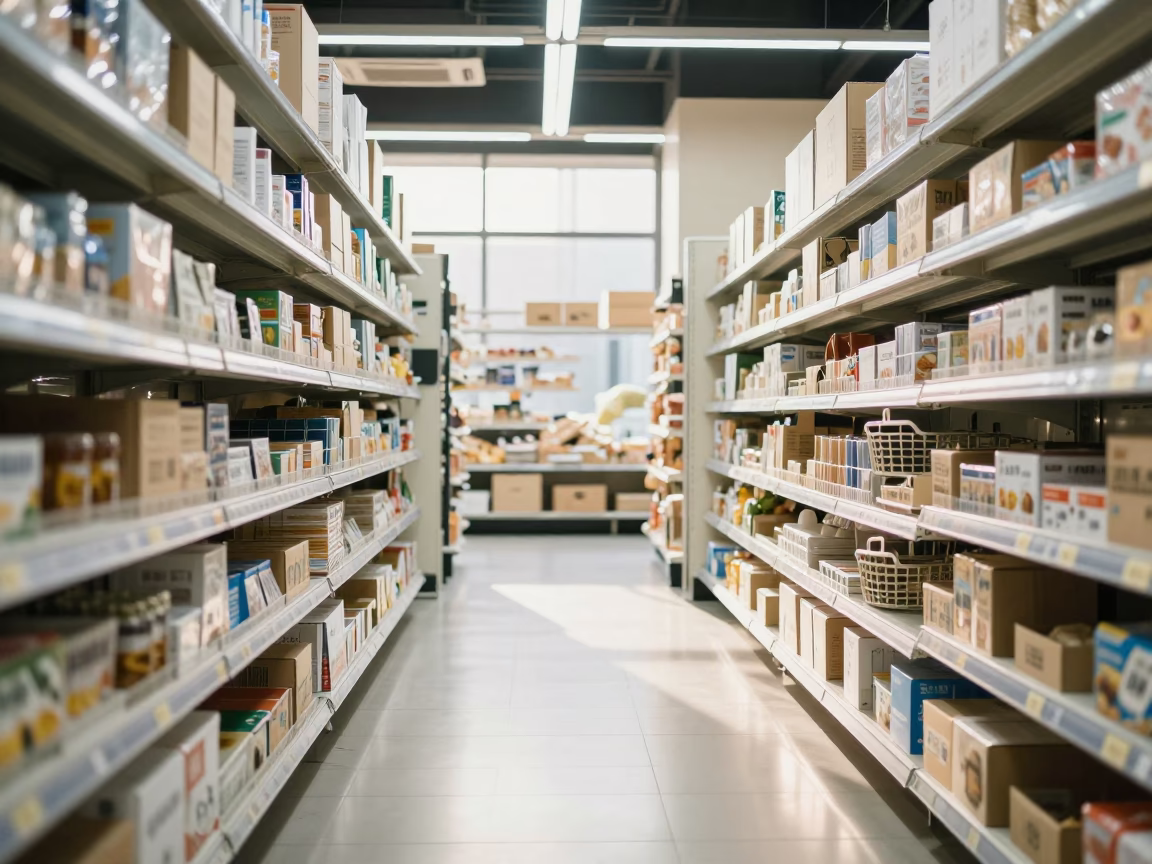 Dawn Light in Guangzhou Grocery Aisle in inside a bright retail aisle in Guangzhou