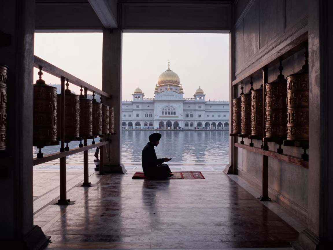 Dawn Light on Gurdwara Threshold in Nara in beside a prayer wheel corridor in Nara