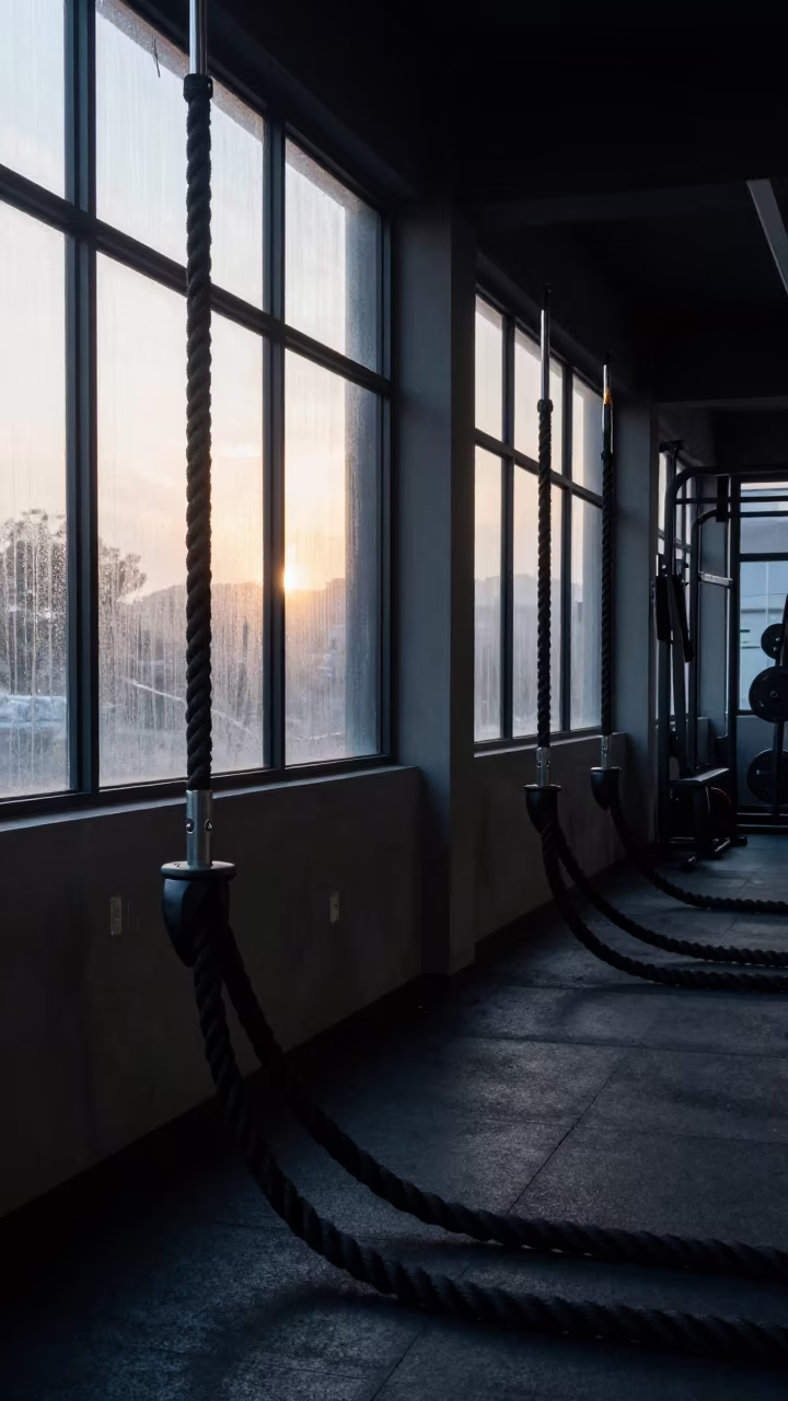 Dawn Light on Gym Battle Rope Anchor Wall Cotonou in at a gym check-in desk in Cotonou