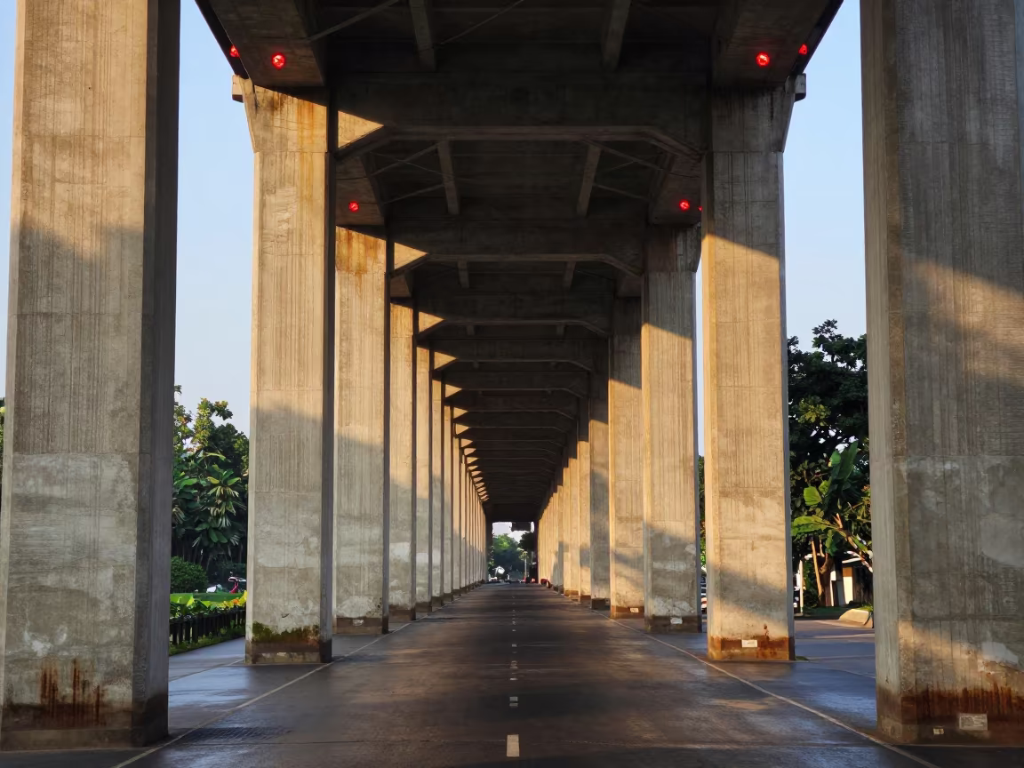 Dawn Light on Hanoi Flyover Column Forest in under a cable-stayed bridge span in Hanoi