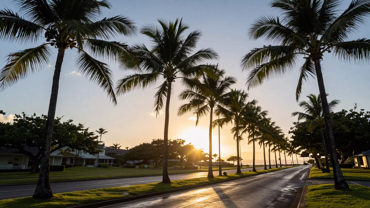 Dawn Light on Hawaii Palm Avenue in in Hawaii