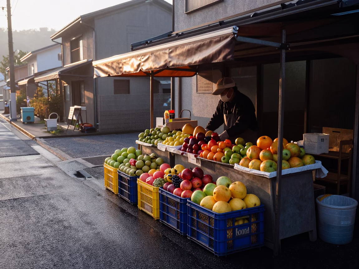Dawn Light on Hiroshima Fruit Stand Canopy in at a roadside fruit stand in Hiroshima