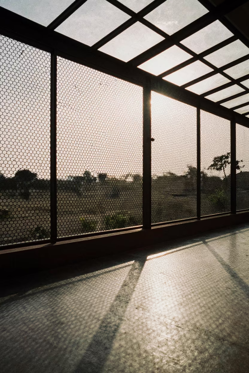 Dawn light through honeycomb screen Antsirabe arcade in inside a glass-roofed arcade in Antsirabe