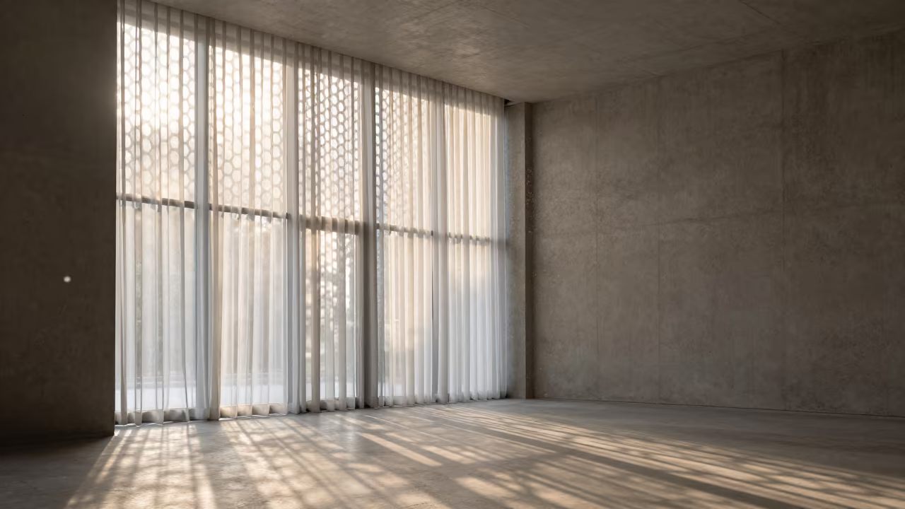Dawn Light Through Honeycomb Screen in Concrete Lobby in inside a ribbed concrete lobby in Prayagraj