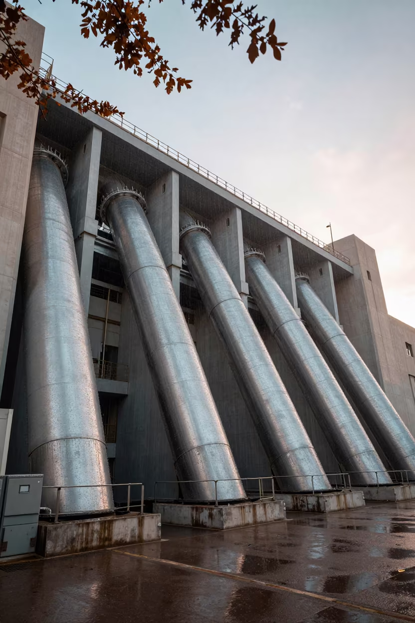 Dawn Light on Hydroelectric Dam Facade Below Penstocks in beside a hydroelectric intake near Ajman