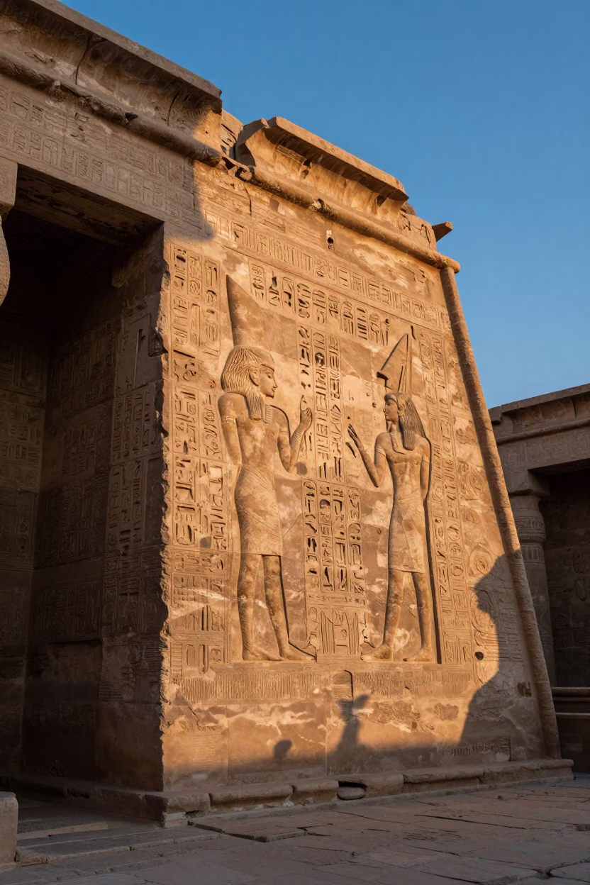 Dawn Light Illuminates Ancient Luxor Stone Carvings and Traditional Egyptian Market Activity in in Luxor, Egypt