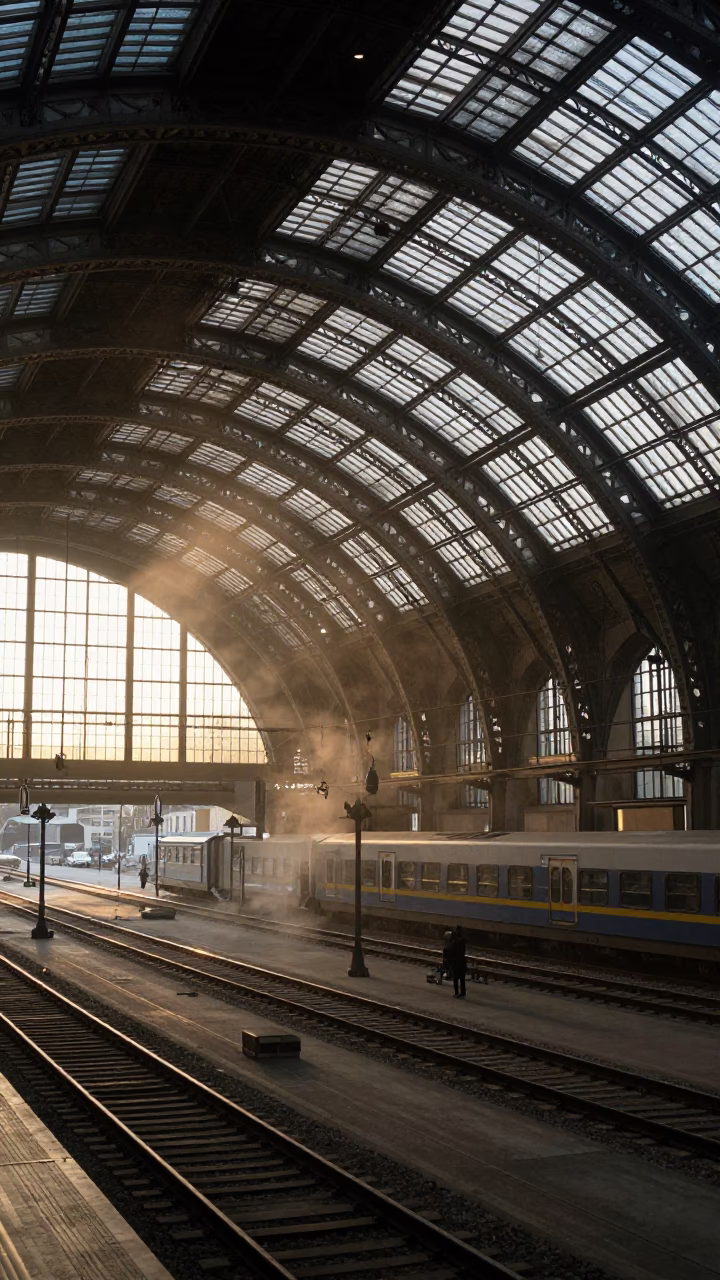 Dawn light illuminates arched roof of Vienna train station with steam haze in in Vienna, Austria
