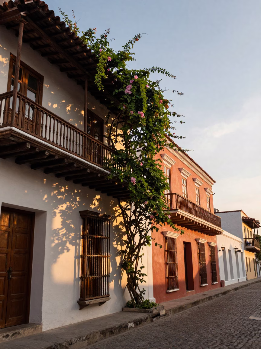 Dawn light illuminates colonial balconies and climbing jasmine in Cartagena Colombia in in Cartagena, Colombia