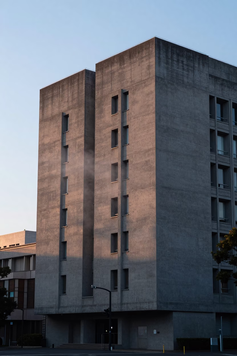 Dawn light illuminates concrete brutalist university building exterior in Tokyo Japan street scene in in Tokyo, Japan
