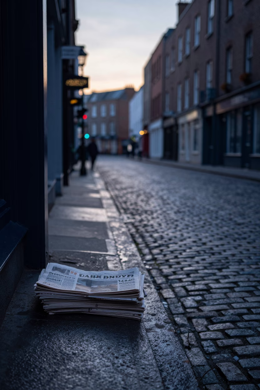 Dawn Light Illuminates Dublin Cobblestone Street with Vintage Newspaper Stack and Mossy Stone Wall in in Dublin, Ireland