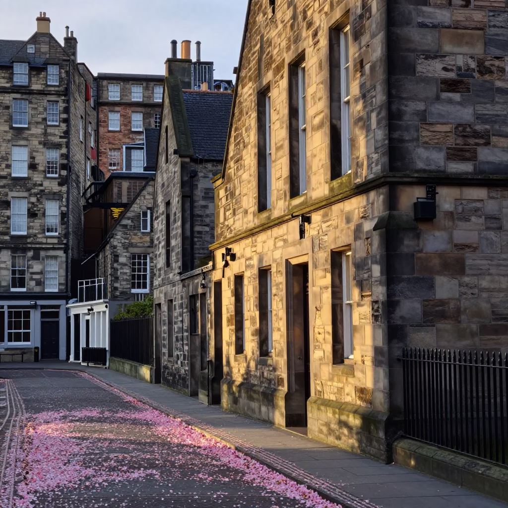 Dawn light illuminates Edinburgh stone architecture with fallen petals on historic path in in Edinburgh, United Kingdom