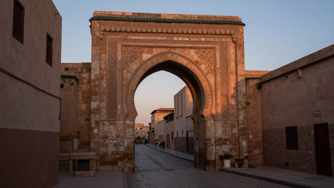 Dawn light illuminates Fez Morocco ancient stone archway and quiet street corner in in Fez, Morocco