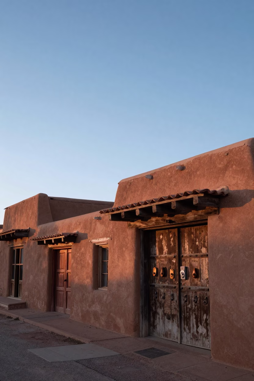 Dawn light illuminates historic adobe architecture and traditional Santa Fe plaza details in in Santa Fe, New Mexico, United States
