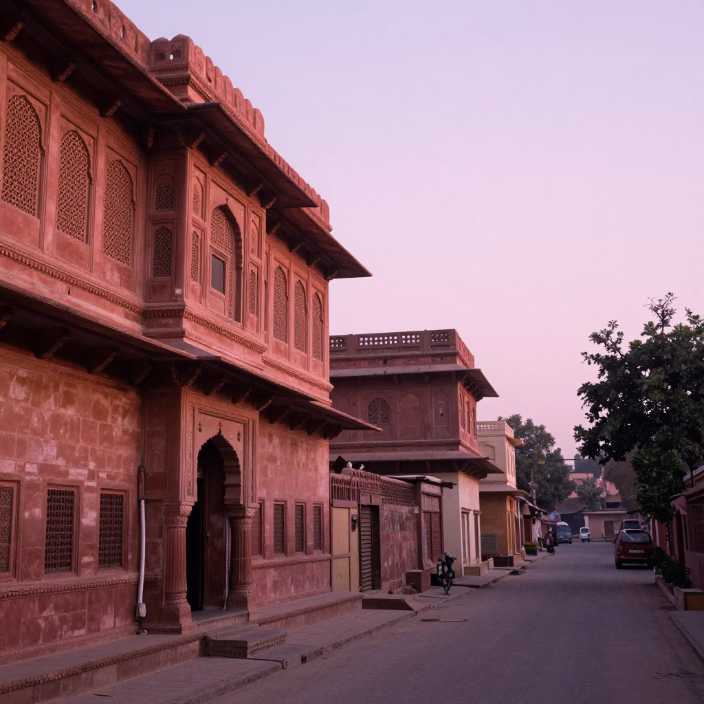 Dawn light illuminates historic Jaipur street scene with traditional architecture and local morning activity in in Jaipur, India