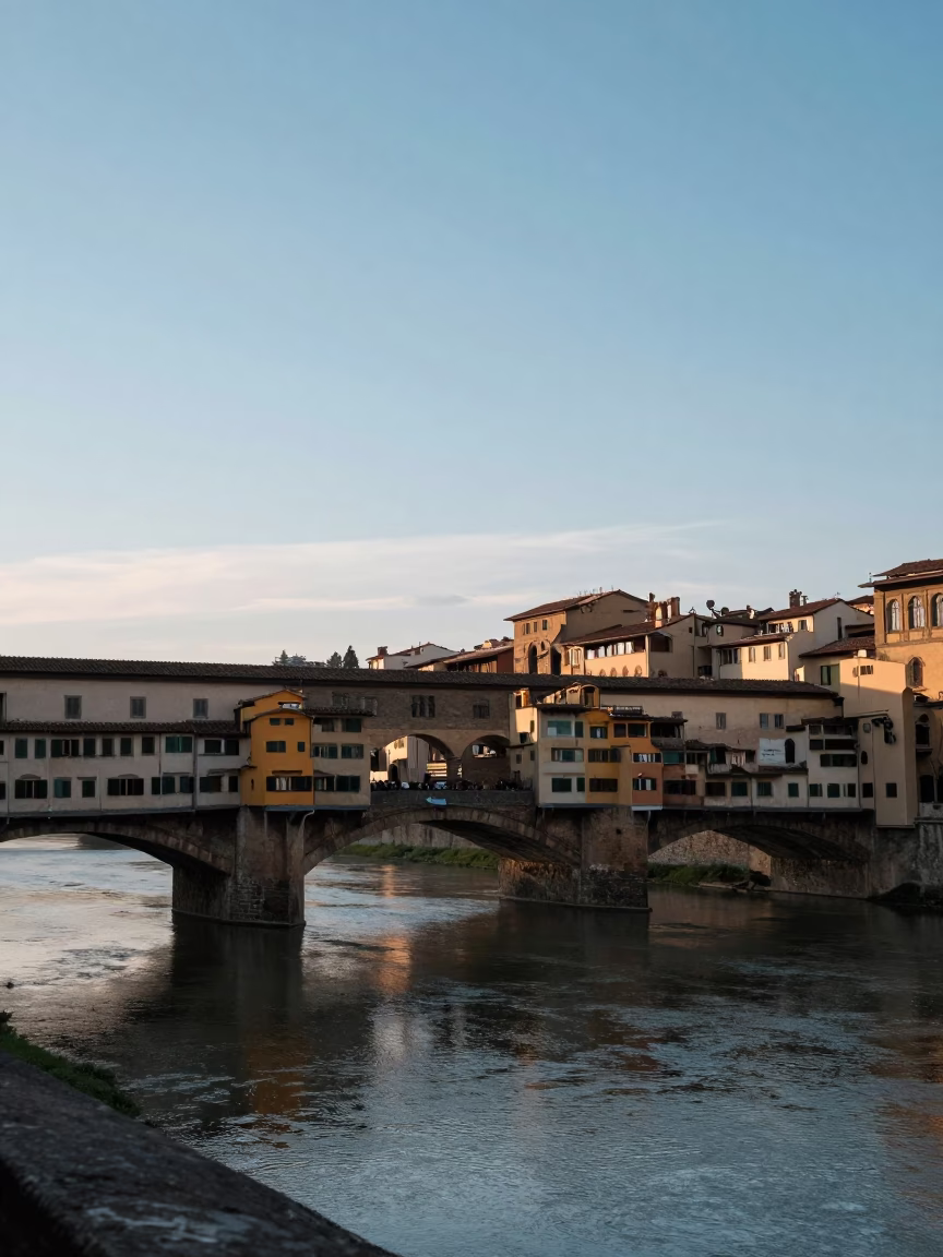 Dawn light illuminates historic stone arches and quiet cobblestone streets in Florence Italy in in Florence, Italy