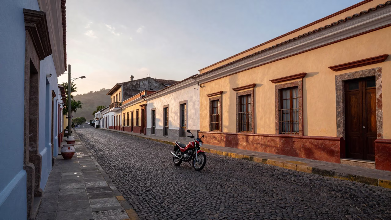 Dawn light illuminates Quito street with motorcycle and ceramic mugs in in Quito, Ecuador