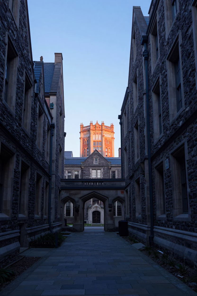 Dawn Light Illuminates Stone Cloister Walkway in Boston Massachusetts University Campus in in Boston, Massachusetts, United States