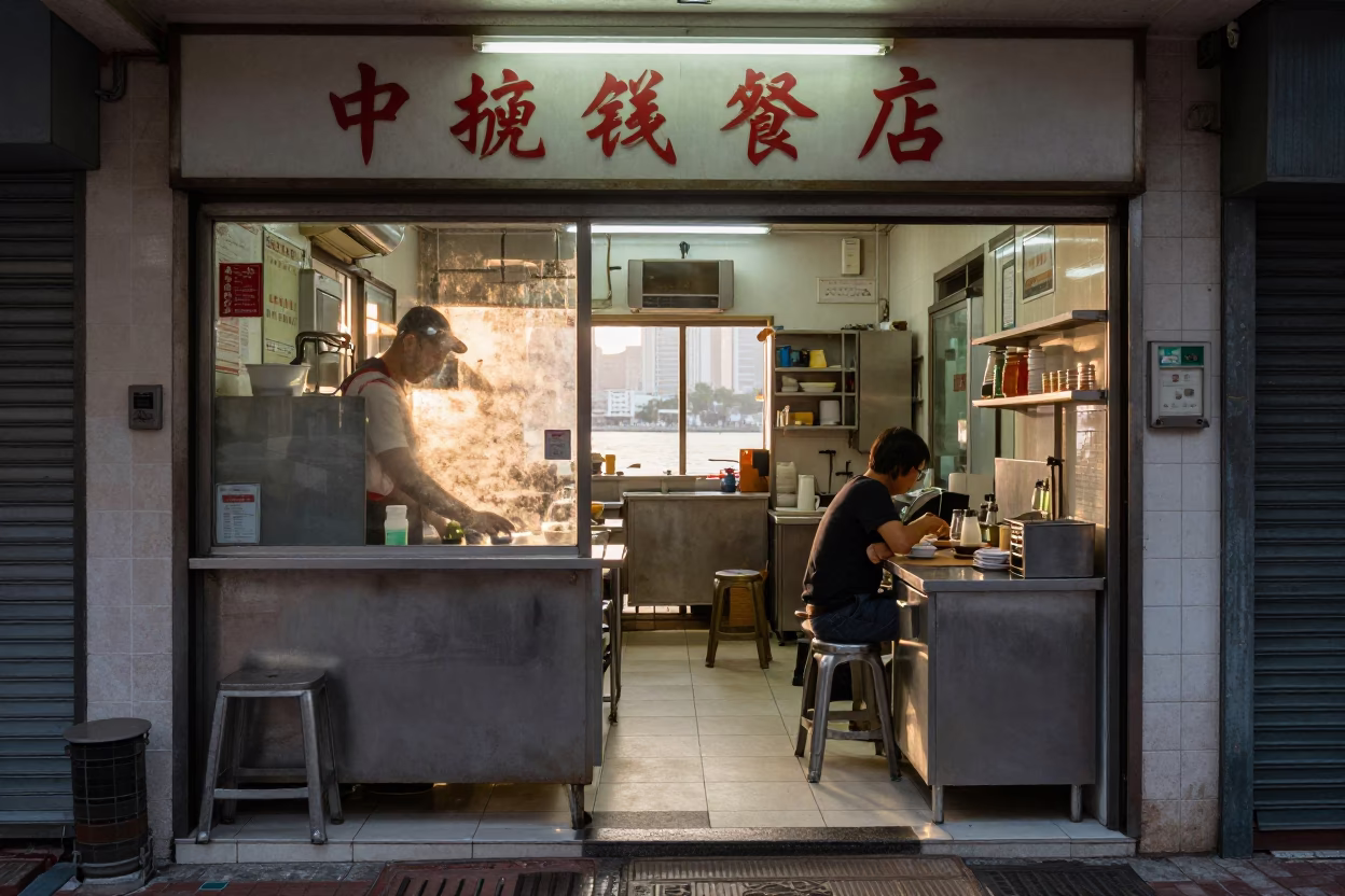Dawn Light Illuminating a Traditional Hong Kong Breakfast Shop with Steam and Early Customers in in Hong Kong, Hong Kong