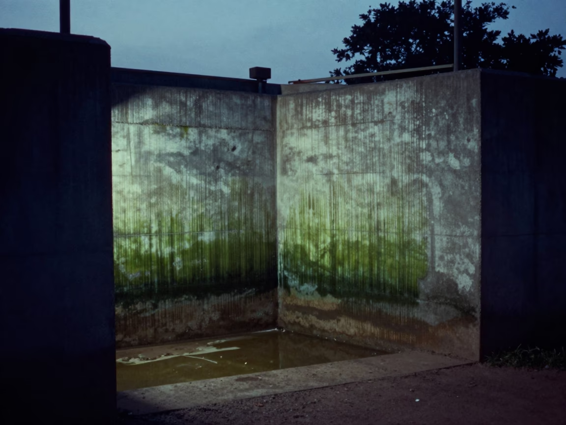 Dawn Light Illuminating Algae-Streaked Concrete Floodgate Chamber in Accra Ghana Before Sunrise in in Accra, Ghana