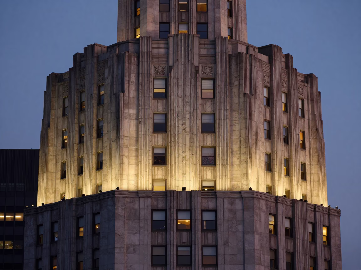 Dawn Light Illuminating Art Deco Hotel Facade in Downtown Seattle Washington in in Seattle, Washington, United States