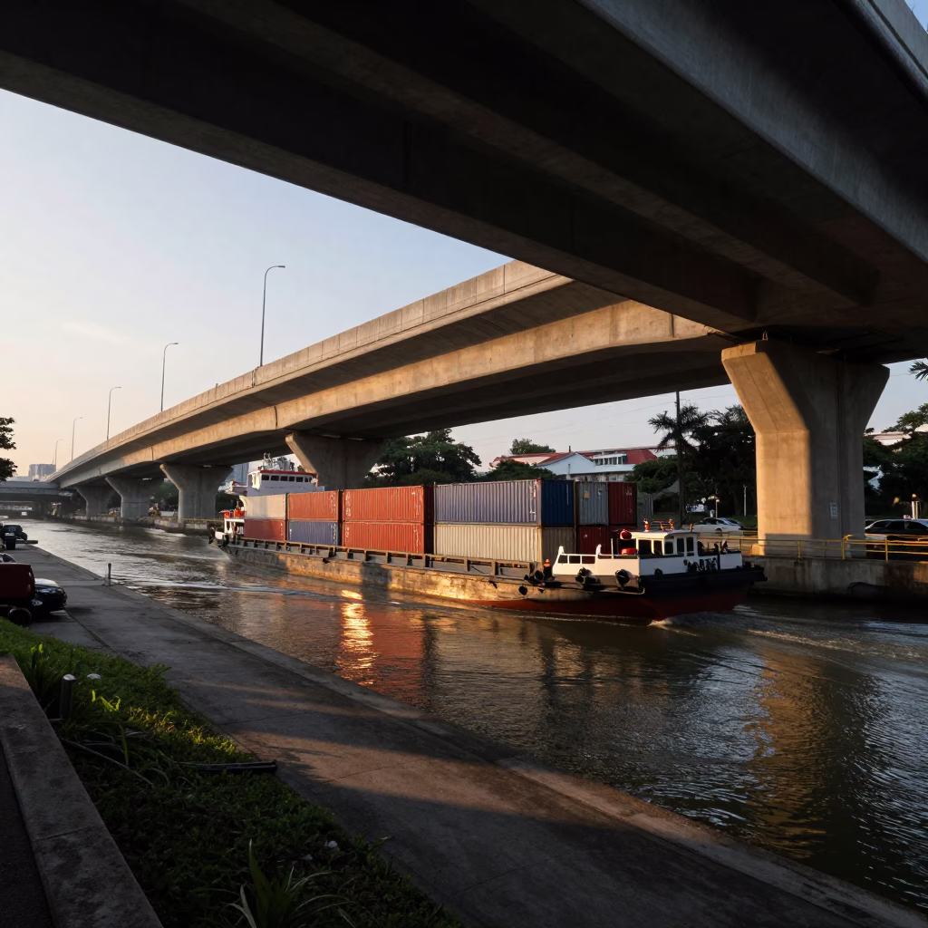 Dawn Light Illuminating Cargo Barge and Striped Shadows Under Singapore Flyover in in Singapore, Singapore