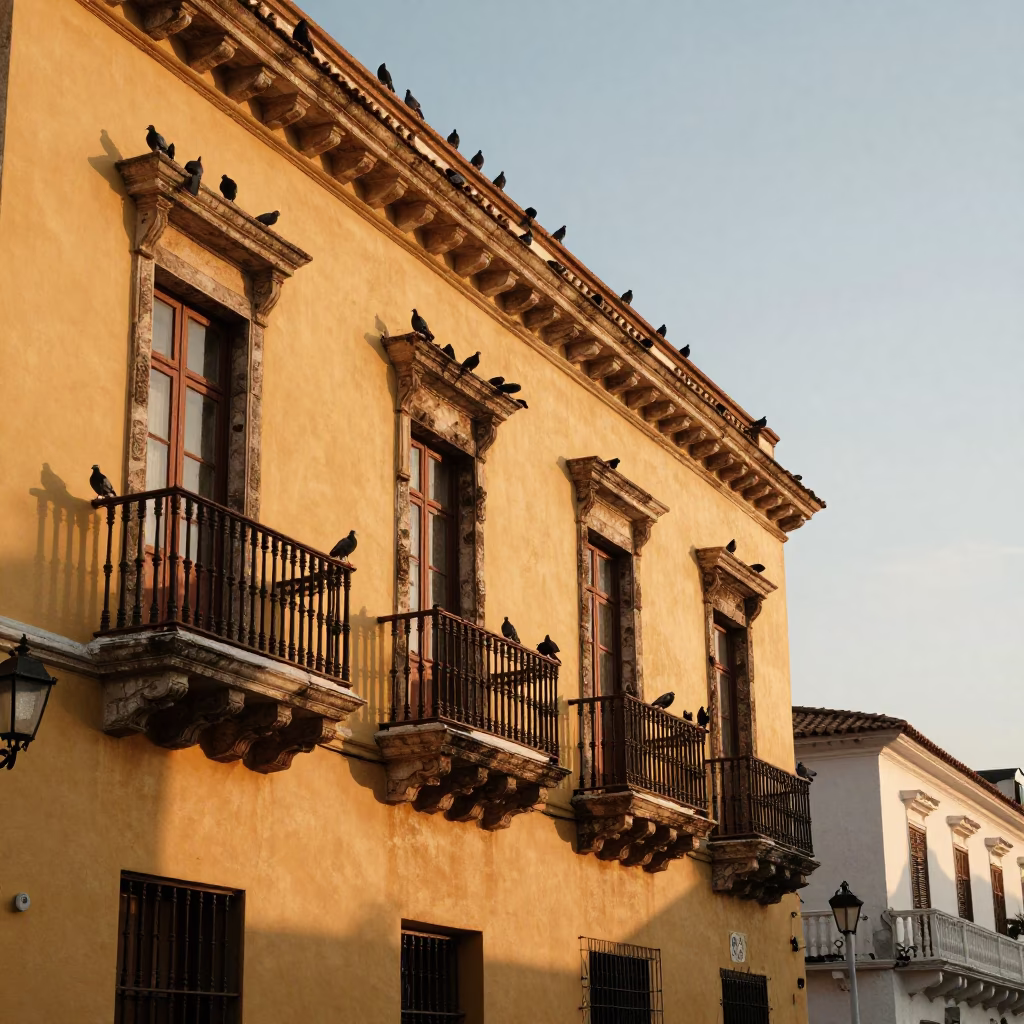 Dawn Light Illuminating Colonial Balconies and Pigeons in Historic Cartagena Colombia in in Cartagena, Colombia
