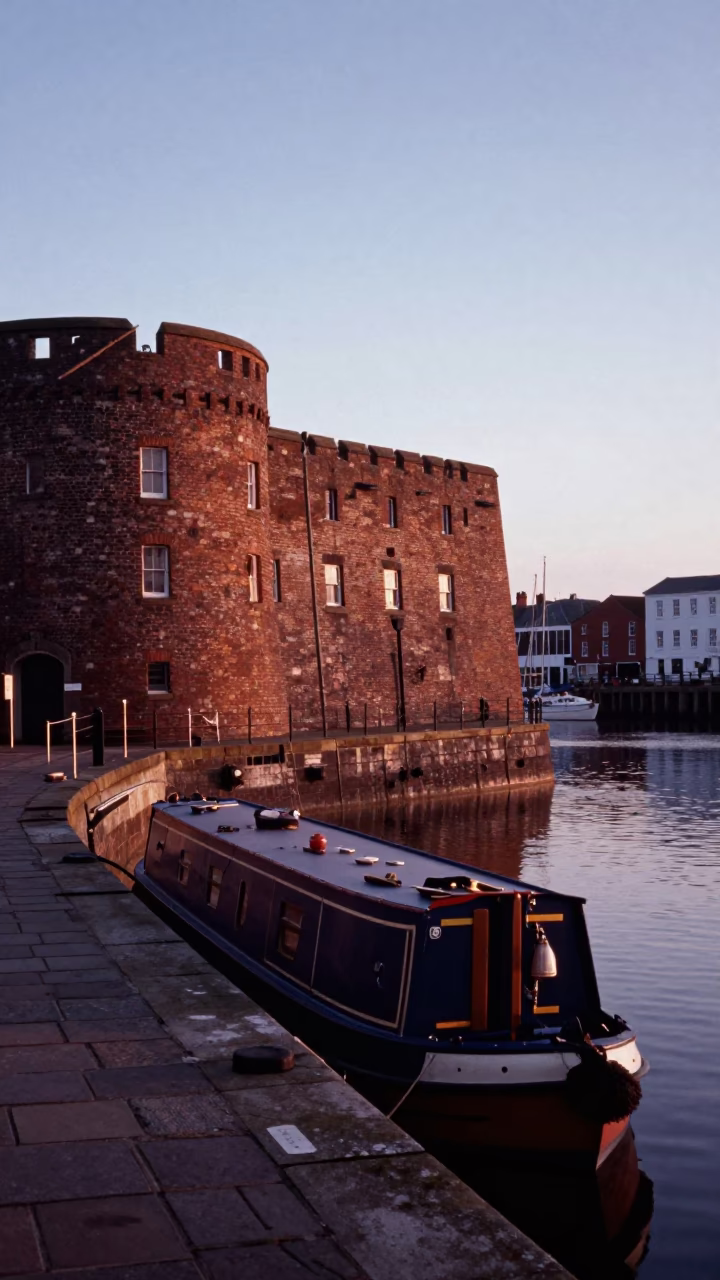 Dawn Light Illuminating Historic Bristol Harbour Brickwork and Moored Narrowboats Before Sunrise in in Bristol, United Kingdom