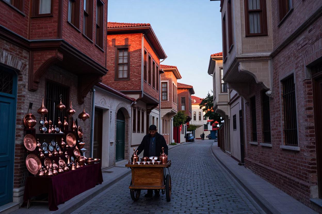 Dawn light illuminating historic Istanbul street with traditional copperware and brick architecture in in Istanbul, Turkey