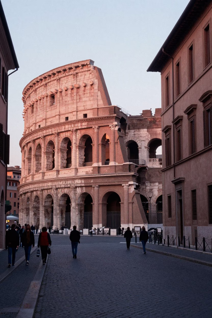 Dawn light illuminating historic Roman architecture and street life in Rome Italy in in Rome, Italy