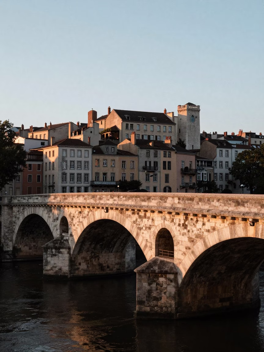 Dawn Light Illuminating Lyon's Historic Stone Bridges and Saone River Banks in in Lyon, France