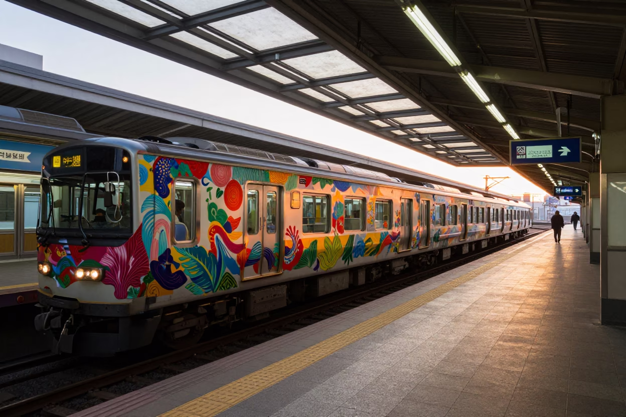 Dawn Light Illuminating the Art-Adorned Metro Station Platform in Osaka Japan in in Osaka, Japan
