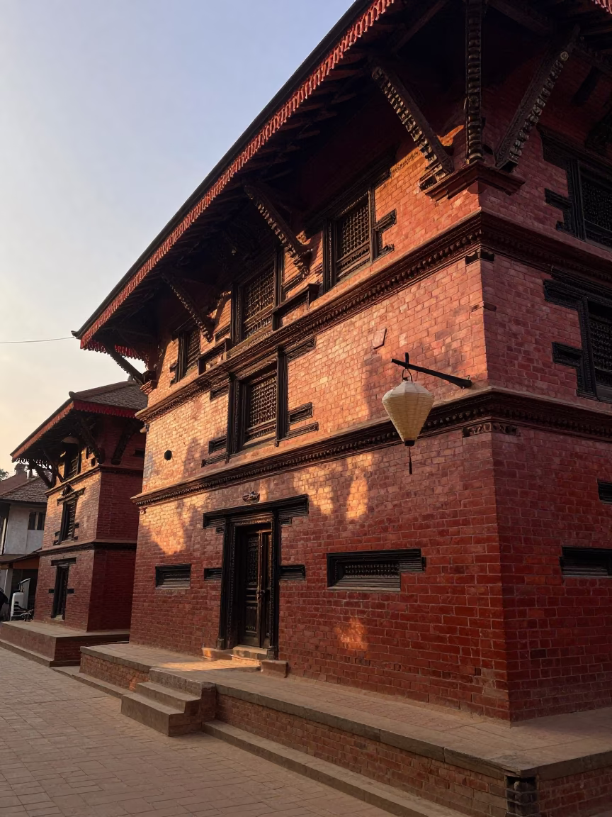 Dawn light illuminating traditional brick architecture and street life in Kathmandu Nepal in in Kathmandu, Nepal