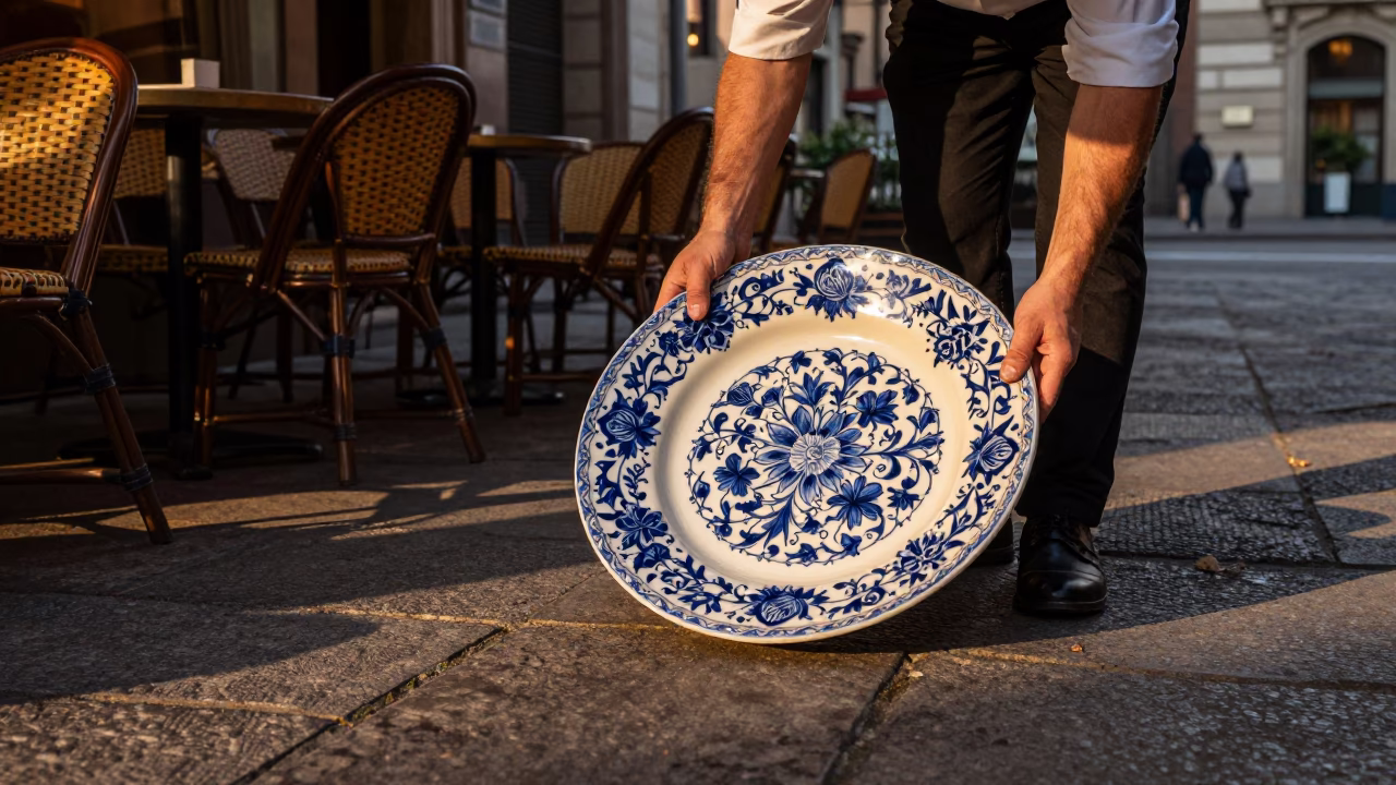 Dawn Light Illuminating Vintage Majolica Plate on Milanese Cafe Terrace in in Milan, Italy