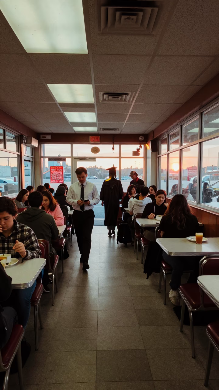 Dawn light in a busy Seattle diner with graduation gown and morning coffee in in Seattle, Washington, United States