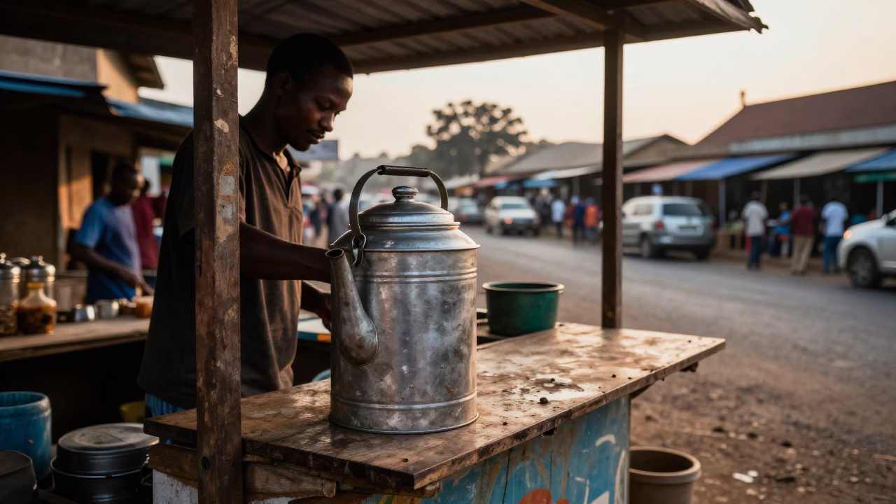 Dawn Light in Accra Ghana Market Stall with Tea Canister and Leaf Shadows in in Accra, Ghana