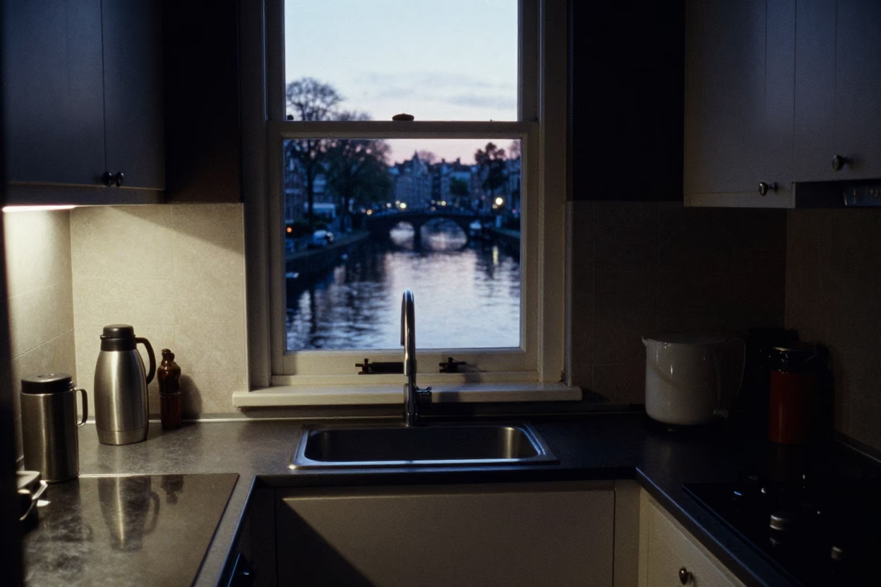 Dawn Light in Amsterdam Canal House Kitchen with Thermos and Scrub Brush in in Amsterdam, Netherlands